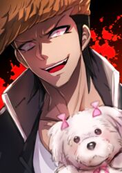  1boy animal black_hair blood blood_splatter bow brown_hair canine chiko_(d04099) collarbone danganronpa:_trigger_happy_havoc danganronpa_(series) delinquent evil_grin evil_smile grin high_collar looking_at_viewer male_focus medium_hair multicolored_hair open_mouth owada_mondo pink_bow pompadour smile solo teeth two-tone_hair upper_body upper_teeth_only 