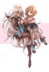  2girls armor black_thighhighs blonde_hair boots breastplate brown_gloves carrying commentary_request dark-skinned_female dark_skin djeeta_(granblue_fantasy) dress fighter_(granblue_fantasy) floating_hair fulunukko gloves granblue_fantasy green_dress hair_between_eyes hairband highres long_hair looking_at_another multiple_girls princess_carry red_eyes short_hair sidelocks simple_background smile swept_bangs thighhighs white_background white_dress white_hair yellow_eyes zooey_(granblue_fantasy) 