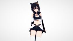  3d alternate_eye_color animal_ears bare_shoulders black_cloak black_gloves black_hair black_shorts black_tail breasts bright_pupils cat_girl cat_tail cloak commentary commentary_request cowboy_shot earrings female fingerless_gloves fran_(tensei_shitara_ken_deshita) gloves gold_earrings hair_between_eyes hand_up head_tilt jewelry koikatsu_(medium) korean_commentary looking_at_viewer medium_breasts medium_hair midriff navel o0o_(pixiv_58838089) purple_eyes shorts simple_background solo stomach tail tensei_shitara_ken_deshita thighhighs thighs white_background white_pupils white_thighhighs 