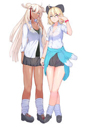  2girls ahoge bad_id bad_twitter_id blonde_hair bracelet breasts cleavage clothes_around_waist crossed_ankles dark-skinned_female dark_skin fate/grand_order fate_(series) grey_sky gyaru hair_between_eyes jewelry kogal koha-ace large_breasts loafers long_hair loose_socks multiple_girls nail_polish okita_souji_(fate) okita_souji_(koha-ace) okita_souji_alter_(fate) red_nails school_uniform scrunchie shoes short_hair sikijou77o simple_background skirt sky small_breasts smile socks standing sweater sweater_around_waist v white_background wrist_scrunchie yellow_eyes 