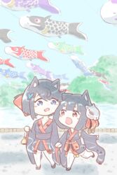  2girls :3 :d aged_down animal_ear_fluff animal_ears azur_lane bag black_hair black_kimono blue_eyes blue_sky blush_stickers bow butterfly_hair_ornament cat_ears collarbone commentary_request fox_mask full_body fusou_(azur_lane) hair_between_eyes hair_ornament hairbow hairclip highres himajin_(fd_jin) holding holding_bag holding_hands japanese_clothes kimono kinchaku kodomo_no_hi koinobori long_sleeves looking_at_another mask mask_on_head mountain multiple_girls obi oerba_yun_fang open_mouth pouch red_eyes river sandals sash short_hair short_kimono sidelocks sky smile standing swept_bangs thighhighs walking white_thighhighs wide_sleeves windsock yamashiro_(azur_lane) 