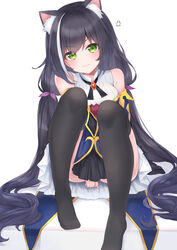  3: anger_vein animal_ear_fluff animal_ears bare_shoulders black_hair black_thighhighs blush cat_ears cat_girl closed_mouth commentary_request covering_crotch covering_privates detached_sleeves feet female frilled_sleeves frills green_eyes hair_ribbon hashiko_nowoto highres karyl_(princess_connect!) knees_up long_hair long_sleeves looking_at_viewer low_twintails multicolored_clothes multicolored_hair princess_connect! purple_ribbon ribbon short_twintails simple_background sitting solo streaked_hair thighhighs twintails very_long_hair white_background white_hair 