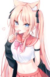  :3 animal_ear_fluff animal_ears arm_strap armlet bare_shoulders beliatan black_jacket blue_eyes blush bow bowtie candy cat_ears crop_top extra_ears female food hair_ribbon highres jacket licking long_hair long_sleeves looking_at_viewer midriff miniskirt navel off_shoulder open_clothes open_jacket original pink_bow pink_skirt pleated_skirt ribbon sailor_collar school_uniform serafuku shirt skindentation skirt sleeveless sleeveless_shirt smile solo stomach tongue tongue_out twintails uniform upper_body white_shirt 