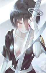  3: bandages black_hair black_kimono bleach blood blood_on_weapon breasts cleavage closed_mouth commentary_request female frown hair_between_eyes highres holding holding_sword holding_weapon injury japanese_clothes kimono kuchiki_rukia looking_away looking_down moda_(mo_da_3) short_hair short_sleeves small_breasts solo sword weapon zanpakutou 