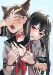  2girls absurdres animal_ears arisugawa_bii black_hair blush brown_hair collar commentary covered_eyes cuffed cuffs femdom hand_over_another&#039;s_eyes handcuffs highres leash leash_in_mouth long_hair mouth_hold multiple_girls open_mouth original red_eyes school_uniform serafuku yuri 