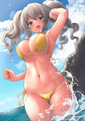  awa_yume bikini blue_eyes blush breasts cameltoe day female grey_hair groin kantai_collection kashima_(kancolle) large_breasts navel ocean outdoors partially_submerged rock solo sparkle swimsuit thigh_gap thighs twintails water yellow_bikini 