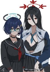  2girls black_hair black_serafuku blue_archive blue_cardigan blue_necktie breasts cardigan chihiro_(blue_archive) chihiro_(blue_archive)_(cosplay) cosplay costume_switch green_eyes hair_ornament halo hasumi_(blue_archive) hasumi_(blue_archive)_(cosplay) highres id_card jacket large_breasts mole mole_under_eye multicolored_clothes multicolored_jacket multiple_girls necktie open_collar rabbit_hair_ornament red_eyes red_necktie school_uniform serafuku shirt swept_bangs two-tone_jacket ushimochi white_shirt 