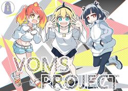  3girls :d amano_pikamee ankle_boots aqua_camisole black_hair black_skirt blonde_hair boots bright_pupils camisole closed_mouth commentary_request copyright_name fangs green_hair grey_footwear gyari_(bird) hairband halftone hands_in_pockets hands_up highres hikasa_tomoshika hood hood_down hoodie jitome jitomi_monoe long_sleeves looking_at_viewer magnet multicolored_hair multiple_girls nail_polish navel nyankoro open_mouth pants pleated_skirt red_hair sandals short_shorts shorts skirt smile spaghetti_strap standing sweater toenail_polish toenails twintails two-tone_hair virtual_youtuber voms white_sweater yellow_eyes 