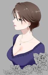  breasts brown_hair cleavage closed_mouth collarbone earrings female flower from_side green_eyes grey_background idolmaster idolmaster_cinderella_girls idolmaster_cinderella_girls_starlight_stage itou_katsumi jewelry large_breasts looking_at_another necklace purple_shirt rose shinohara_rei shirt short_hair simple_background solo 