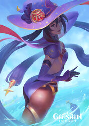  artist_name ass black_hair blue_eyes breasts cleavage female floating_hair from_side genshin_impact hair_between_eyes hat jdpr logo long_hair looking_to_the_side mona_(genshin_impact) pantyhose skin_tight small_breasts solo very_long_hair water witch_hat 