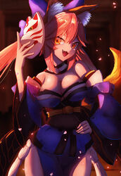  animal_ear_fluff animal_ears bare_shoulders blue_kimono blue_ribbon breasts commentary_request detached_sleeves eason870408 fate/extra fate/extra_ccc fate/grand_order fate_(series) female fox_ears fox_girl fox_mask fox_tail hair_ribbon hands_on_own_hips highres japanese_clothes kimono large_breasts looking_at_viewer mask md5_mismatch oerba_yun_fang open_mouth photoshop_(medium) pink_hair ribbon solo tail tamamo_(fate) tamamo_no_mae_(fate/extra) yellow_eyes 