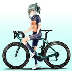  alternate_costume bianchi_(company) bicycle bike_shorts blue_gloves blue_socks breasts brown_eyes cycling_uniform female fingerless_gloves from_side full_body gloves gradient_background green_background green_hair highres kantai_collection kazu_(really_in_hot_water_now) kneehighs looking_at_viewer ponytail short_sleeves sidelocks simple_background small_breasts socks solo white_footwear yuubari_(kancolle) 