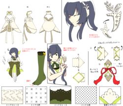  adjusting_hair bad_id bad_pixiv_id bare_shoulders black_hair closed_eyes commentary_request dress female green_legwear hair_ornament hair_ribbon hair_tubes kantai_collection kouga_(mutsumi) long_hair mizuho_(kancolle) multiple_views reference_sheet ribbon sash sidelocks simple_background sleeveless sleeveless_dress smile tassel translation_request white_background 