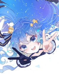  aries_(constellation) black_gloves blue_eyes blue_hair blush bow brooch cassiopeia_(constellation) cleavage_cutout clothing_cutout comet commentary commentary_request constellation crown dot_nose double_v earrings eyelashes female from_above gloves hair_ornament hairbow highres hololive hoshimachi_suisei hoshimachi_suisei_(stellar_into_the_galaxy) idol_clothes jewelry juliet_sleeves lipgloss long_hair long_sleeves lyra_(constellation) mini_crown mismatched_earrings official_alternate_costume official_alternate_hair_length official_alternate_hairstyle orion_(constellation) pale_skin pinstripe_pattern puffy_sleeves quilted_clothes shrug_(clothing) simple_background single_glove solo star_(sky) star_(symbol) star_hair_ornament star_in_eye striped symbol_in_eye teeth upper_teeth_only ursa_minor_(constellation) v vi8xrl0p9h2wydw virtual_youtuber white_background 