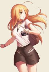  428:_fuusa_sareta_shibuya_de ahoge bad_id bad_pixiv_id black_shorts blonde_hair brown_choker camera canaan_(series) choker collarbone collared_shirt cowboy_shot female floating_hair grey_background hair_between_eyes highres holding holding_camera long_hair looking_to_the_side okakasushi oosawa_maria open_mouth shirt short_shorts short_sleeves shorts simple_background solo standing very_long_hair white_shirt wing_collar yellow_eyes 