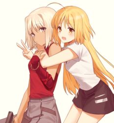  2girls 428:_fuusa_sareta_shibuya_de :d ahoge arm_around_neck bad_id bad_pixiv_id black_shorts blonde_hair blush bracelet brown_eyes canaan_(character) canaan_(series) detached_sleeves grey_eyes grey_pants gun hair_between_eyes handgun highres holding holding_gun holding_weapon hug hug_from_behind jewelry long_hair long_sleeves looking_at_viewer medium_hair mouth_hold multiple_girls okakasushi oosawa_maria open_mouth pants red_shirt red_sleeves shirt short_shorts short_sleeves shorts simple_background sleeveless sleeveless_shirt sleeves_past_wrists smile v very_long_hair weapon white_background white_hair white_shirt yuri 