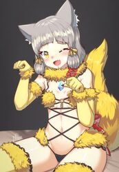  ;d adapted_costume alten alternate_color alternate_costume animal_ears arched_bangs blunt_bangs blush cameltoe cat_ears cosplay elbow_gloves facial_mark fate/grand_order fate_(series) female flat_chest fur-trimmed_thighhighs fur_bikini fur_collar fur_trim gloves grey_hair looking_at_viewer mash_kyrielight mash_kyrielight_(cosplay) mash_kyrielight_(dangerous_beast) mash_kyrielight_(dangerous_beast)_(cosplay) nia_(xenoblade) oerba_yun_fang one_eye_closed open_mouth paw_pose revealing_clothes ribbon short_hair skin_fang smile solo spoilers tail thighhighs wolf_tail xenoblade_chronicles_(series) xenoblade_chronicles_2 yellow_eyes yellow_gloves yellow_tail yellow_thighhighs 