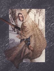  1boy arisaka black_eyes black_hair blizzard blue_jacket bolt_action cape commentary english_commentary facial_hair forest framed from_side gaiters golden_kamuy grey_background gun hair_slicked_back hair_strand highres holding holding_gun holding_weapon hood hood_up hooded_cape imperial_japanese_army jacket long_sleeves looking_at_viewer looking_to_the_side male_focus military military_uniform nature ogata_hyakunosuke outdoors protected_link rifle rolo_tomassi scar scar_on_cheek scar_on_face short_hair simple_background snow snowflakes solo standing stubble tree undercut uniform weapon white_cape 