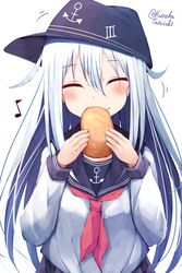  ^_^ anchor_symbol black_hat black_sailor_collar blush closed_eyes eighth_note female flat_cap food food_on_face grey_hair hat hibiki_(kancolle) highres holding holding_food kantai_collection long_hair long_sleeves motion_lines musical_note neckerchief pirozhki red_neckerchief sailor_collar school_uniform serafuku simple_background solo tateishi_kureha white_background 