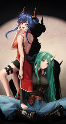  2girls :d absurdres arknights backless_dress backless_outfit bare_arms bare_back bare_shoulders belt black_shirt black_shorts blue_hair blue_pants breasts brown_belt ch&#039;en_(ageless_afterglow)_(arknights) ch&#039;en_(arknights) china_dress chinese_clothes commentary double_bun dragon_horns dress drop_shadow ggz_(gguzal_95) green_hair hair_bun hand_up high_heels highres horns hoshiguma_(arknights) hoshiguma_(ronin_huntress)_(arknights) indian_style large_breasts long_hair looking_at_viewer multiple_girls nail_polish official_alternate_costume open_mouth pants red_dress red_eyes red_footwear red_nails shirt short_shorts shorts sidelocks single_horn sitting sleeveless sleeveless_dress smile thigh_strap thighs v very_long_hair yellow_eyes 