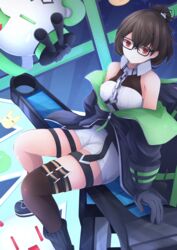  absurdres asymmetrical_legwear azur_lane bare_shoulders black_coat black_gloves breasts brown_hair brown_thighhighs chains coat female from_above glasses gloves hair_ornament hairclip highres indoors ingraham_(azur_lane) leotard medium_breasts medium_hair messy_hair open_clothes open_coat osatou_(soul_of_sugar) red_eyes shorts single_thighhigh sitting solo strapless strapless_leotard thighhighs white_shorts 