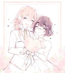  2girls ^_^ atelier_live black_hair bouquet bow bride closed_eyes commentary dress elbow_gloves english_commentary flower formal glasses gloves groom hair_behind_ear hairbow highres holding holding_bouquet indie_virtual_youtuber klaeia_(vtuber) limited_palette medium_hair multiple_girls open_mouth round_eyewear short_hair side_ponytail sleeveless sleeveless_dress suit virtual_youtuber wedding_dress weeniedesu weeniedesu_(vtuber) white_bow white_dress white_suit wife_and_wife yuri 