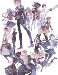  6+boys 6+girls armband asahina_aoi bad_id bad_pixiv_id bear_hair_ornament black_jacket black_pants black_ribbon black_skirt black_thighhighs blue_hair blue_sailor_collar blue_skirt bow breasts brown_hair brown_skirt celestia_ludenberg danganronpa:_trigger_happy_havoc danganronpa_(series) dreadlocks drill_hair enoshima_junko everyone fat fat_man fujisaki_chihiro fukawa_toko full_body green_jacket grey_background grey_hair grey_pants hagakure_yasuhiro hair_ornament hair_ribbon ishimaru_kiyotaka jacket kirigiri_kyoko kneehighs kuwata_leon large_breasts layered_skirt long_hair long_sleeves maizono_sayaka multiple_boys multiple_girls muscular muscular_female naegi_makoto ogami_sakura open_clothes open_jacket otoko_no_ko owada_mondo pants pleated_skirt pompadour print_shirt red_bow red_jacket ribbon sailor_collar school_uniform serafuku shirt shoes short_hair shru_(ss_sl99) simple_background skirt smile socks thighhighs togami_byakuya twin_drills twintails very_short_hair white_shirt yamada_hifumi 