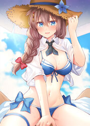  bikini blue_bikini blue_eyes blush braid breasts brown_hair brown_hat cleavage commentary female hair_between_eyes hat kantai_collection large_breasts long_hair navel official_alternate_costume open_clothes open_mouth open_shirt revision rui_shi_(rayze_ray) shigure_(kancolle) shigure_kai_san_(kancolle) shigure_kai_san_(swimsuit)_(kancolle) shirt short_sleeves single_braid solo straw_hat swimsuit thigh_strap white_shirt 