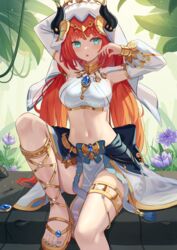  :o absurdres arm_behind_head armpits arms_up bad_id bad_pixiv_id blue_eyes breasts commentary crop_top dancer detached_sleeves fake_horns feet female foot_out_of_frame genshin_impact gold_trim highres horns knee_up leg_up legs long_hair long_sleeves looking_at_viewer low_twintails medium_breasts midriff mirufuaa nail_polish navel nilou_(genshin_impact) open_mouth pelvic_curtain red_hair sandals shirt sitting skirt solo stomach thighlet toenail_polish toenails toes twintails veil very_long_hair white_shirt white_skirt 