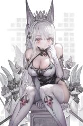  animal_ears braid breasts cleavage closed_mouth commentary elbow_gloves female gloves highres large_breasts long_hair looking_at_viewer original parted_bangs rabbit rabbit_ears rabbit_girl red_eyes sitting solo symbol-only_commentary thighhighs tiara voruvoru white_background white_gloves white_hair white_thighhighs 