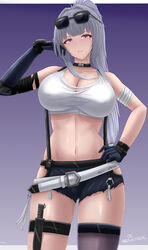  absurdres archstreal asymmetrical_gloves asymmetrical_legwear bare_shoulders blue_gloves blush breasts cleavage cowboy_shot elbow_gloves eyewear_on_head female gloves grey_hair hand_on_own_hip hand_up highres knife large_breasts long_hair looking_at_viewer mole mole_under_eye navel original parted_lips ponytail purple_background purple_thighhighs shirt short_shorts shorts simple_background single_elbow_glove single_thighhigh sleeveless sleeveless_shirt stomach sunglasses thigh_strap thighhighs thighs 