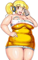  beer_can blonde_hair blush breasts can cleavage commentary_request cowboy_shot dress drink_can female headphones highres holding holding_can large_breasts looking_at_viewer nitroplus open_mouth orizen plump simple_background smile solo strapless strapless_dress super_pochaco tareme thick_arms thick_thighs thighs tube_dress twintails white_background yellow_dress yellow_eyes 