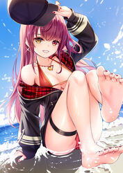  bare_shoulders barefoot beach bikini blue_sky blush breasts cleavage collarbone day feet female foot_focus foreshortening heterochromia highres hololive houshou_marine houshou_marine_(summer) large_breasts legs long_hair long_sleeves looking_at_viewer md5_mismatch official_alternate_costume outdoors red_eyes red_hair revision shore sitting sky smile soles solo swimsuit toes virtual_youtuber yan_(nicknikg) yellow_eyes 