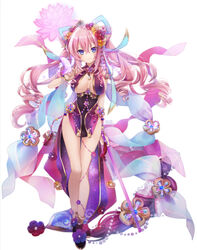  blue_eyes bow breasts bug butterfly butterfly_on_hand china_dress chinese_clothes commentary_request dress female floating_hair flower fulunukko hair_between_eyes hair_flower hair_ornament hairbow highres houchi_shoujo long_hair looking_at_viewer medium_breasts original pink_hair shoes sidelocks simple_background solo white_background 