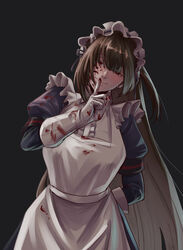  absurdres apron blood blood_on_clothes blood_on_face blood_splatter commentary_request dryseaweed female finger_to_mouth gloves highres korean_commentary last_origin long_hair looking_at_viewer maid maid_apron maid_headdress purple_hair red_eyes scissors_lise solo white_apron white_gloves yandere 