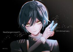  1boy ahoge anniversary artist_name black_background black_hair black_jacket brown_eyes bullet commentary_request copyright_name danganronpa_(series) danganronpa_v3:_killing_harmony gradient_background hand_up holding jacket layered_sleeves long_sleeves looking_at_viewer male_focus portrait saihara_shuichi sakuyu serious short_hair smile solo striped_clothes striped_jacket 