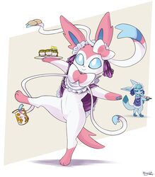  absurd_res ambiguous_gender anthro bottomless bottomless_anthro clothed clothing conditional_dnp dainty digitigrade eeveelution featureless_crotch feet feral generation_4_pokemon generation_5_pokemon generation_6_pokemon glaceon hi_res joltik maid_uniform nintendo pawpads paws pokemon pokemon_(species) pokemon_unite raised_leg skoon sylveon tea_party_style_glaceon toes uniform 