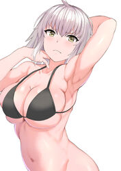  arm_behind_head arm_up armpits bare_shoulders bikini black_bikini blush breasts cleavage collarbone fate/grand_order fate_(series) female jeanne_d&#039;arc_alter_(avenger)_(fate) jeanne_d&#039;arc_alter_(fate) large_breasts looking_at_viewer navel short_hair sikijou77o simple_background solo swimsuit white_background white_hair yellow_eyes 