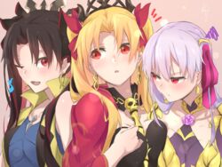  3girls armor bad_id bad_pixiv_id between_breasts bikini_armor black_hair blonde_hair blue_shirt blush breasts cape cleavage collarbone commentary detached_collar dress earrings ereshkigal_(fate) fate/grand_order fate_(series) flower girl_sandwich gold_trim grey_hair hair_ribbon hoop_earrings infinity_symbol ishtar_(fate) jewelry kama_(fate) kama_(second_ascension)_(fate) knt02142769 large_breasts long_hair lotus medium_breasts multicolored_hair multiple_girls musical_note necklace one_eye_closed open_mouth parted_bangs pink_ribbon purple_dress red_cape red_eyes red_hair ribbon sandwiched shirt skull smile space_ishtar_(fate) space_ishtar_(second_ascension)_(fate) spine squiggle tiara two-tone_hair two_side_up vest yellow_vest 