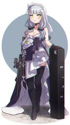  assault_rifle bare_shoulders black_thighhighs breasts case choker chromatic_aberration cleavage facial_mark female flower formal full_body girls&#039;_frontline gloves grey_hair gun h&amp;k_hk416 hair_ornament hairband highres hk416_(girls&#039;_frontline) hk416_(starry_cocoon)_(girls&#039;_frontline) kuro_kosyou long_hair marble_(stone) official_alternate_costume rifle solo teardrop thighhighs weapon yellow_eyes 