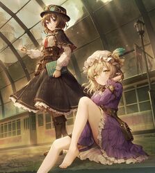  2girls bag bare_legs barefoot belt black_headwear black_skirt blonde_hair book boots breasts brown_belt brown_footwear brown_hair buttons castle clock cloud cloudy_sky collared_dress collared_shirt dress feathers grass grey_sky hair_between_eyes hand_up hat kikugetsu long_sleeves looking_at_viewer maribel_hearn medium_breasts mob_cap multiple_girls necktie open_mouth puffy_long_sleeves puffy_sleeves purple_dress purple_eyes red_necktie rock shirt short_hair sitting skirt sky standing steampunk touhou train usami_renko white_headwear white_shirt yellow_eyes 