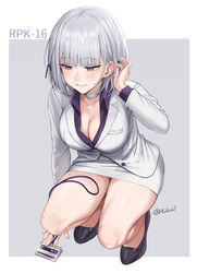  adjusting_hair artist_name bandaged_neck bandages bare_legs beruko14 blazer blunt_bangs breasts choker cleavage collared_shirt female full_body girls&#039;_frontline grey_hair hair_ornament high_heels highres id_card jacket large_breasts medium_hair office_lady open_clothes open_mouth open_shirt picking_up purple_eyes purple_shirt rpk-16_(girls&#039;_frontline) rpk-16_(renate)_(girls&#039;_frontline) shirt skirt solo squatting teeth thighs two-tone_background white_background 