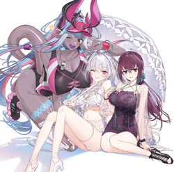  3girls ahoge bare_shoulders bikini black_one-piece_swimsuit blue_hair blush body_markings breasts choker cleavage collarbone colored_skin covered_navel dress earrings fate/grand_order fate_(series) frilled_bikini frills glasses grey_skin hair_between_eyes hair_ornament hair_scrunchie hayashi_kewi highleg highleg_swimsuit highres horns huge_breasts ibuki_douji_(fate) ibuki_douji_(swimsuit_berserker)_(fate) ibuki_douji_(swimsuit_berserker)_(first_ascension)_(fate) jewelry kneeling knees_up lady_avalon_(fate) lady_avalon_(second_ascension)_(fate) large_breasts long_hair long_sleeves looking_at_viewer medium_breasts merlin_(fate/prototype) multicolored_hair multiple_girls navel one-piece_swimsuit one_eye_closed oni open_mouth parasol pink_hair pink_headwear pink_one-piece_swimsuit pointy_ears ponytail purple_dress purple_eyes purple_hair red_eyes scathach_(fate) scathach_skadi_(fate) scathach_skadi_(swimsuit_ruler)_(fate) scathach_skadi_(swimsuit_ruler)_(second_ascension)_(fate) scrunchie see-through see-through_sleeves shoes sidelocks sitting smile sneakers sweater sweater_dress swimsuit tail two-tone_swimsuit umbrella very_long_hair visor_cap whistle whistle_around_neck white_bikini white_hair 