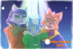  2021 3:2 anthro blue_hair canid canine clothing coat daww english_text family father_(lore) father_and_child_(lore) father_and_son_(lore) female fox fox_mccloud fur gloves green_eyes group hair handwear hi_res kokoro-tokoro krystal_(star_fox) male mammal marcus_mccloud mother_(lore) mother_and_child_(lore) mother_and_son_(lore) nintendo one_eye_closed open_mouth open_smile parent_(lore) parent_and_child_(lore) parent_and_son_(lore) scarf smile snow son_(lore) star_fox teeth text topwear white_hair wink winter young 