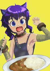  alternate_hair_color animal_ears apron armpits bandaged_arm bandaged_hand bandages bare_shoulders black_apron blue_eyes blush breasts cat_ears cat_girl chains choker commentary cuffs curry curry_rice fangs female food fran_(tensei_shitara_ken_deshita) hands_up hime-sama_&quot;goumon&quot;_no_jikan_desu holding holding_spoon light_blush looking_at_food medium_hair naked_apron omocha-bako_akeru open_mouth parody plate purple_hair rice saliva sideboob simple_background small_breasts spoon tensei_shitara_ken_deshita tongue yellow_background 