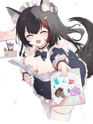  2girls absurdres alternate_costume animal_ear_fluff animal_ears black_hair blush breasts cleavage closed_eyes commentary_request dated detached_collar enmaided facing_viewer fangs gendou_pose hair_between_eyes hair_ornament hairclip highres holding_flyer hololive large_breasts maid multicolored_hair multiple_girls nekomata_okayu ookami_mio open_mouth outstretched_arm own_hands_clasped own_hands_together parasol petals pixiv_id qiaogun_damodao red_hair sidelocks simple_background smile streaked_hair thighhighs umbrella virtual_youtuber white_background white_thighhighs wolf_ears wolf_girl 