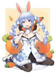  absurdres animal_ear_fluff animal_ears black_gloves black_pantyhose blue_hair braid breasts bridal_garter carrot carrot_hair_ornament commentary_request don-chan_(usada_pekora) female food-themed_hair_ornament fur_trim gloves hair_between_eyes hair_ornament highres hikimayu hololive long_hair looking_at_viewer multicolored_hair pantyhose rabbit_ears red_eyes shibainu sitting solo stuffed_toy teeth twin_braids two-tone_hair usada_pekora usada_pekora_(1st_costume) virtual_youtuber wariza 