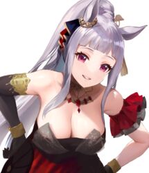  absurdres animal_ears asymmetrical_gloves bare_shoulders black_dress black_gloves bracelet breasts cleavage commentary_request dress ear_ornament elbow_gloves female frilled_dress frills gloves gold_ship_(la_mode_564)_(umamusume) gold_ship_(umamusume) grey_hair grin hand_on_own_hip highres horse_ears horse_girl jewelry jurge large_breasts long_hair looking_at_viewer official_alternate_costume official_alternate_hairstyle partial_commentary pink_eyes ponytail simple_background smile solo teeth umamusume uneven_gloves upper_body white_background 