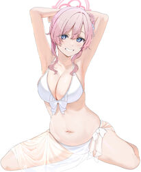  armpits arms_behind_head bikini blue_archive blue_eyes breasts collarbone female halo highres icehotmilktea large_breasts looking_at_viewer medium_hair mimori_(blue_archive) mimori_(swimsuit)_(blue_archive) navel official_alternate_costume pink_hair pink_halo simple_background sitting smile solo swimsuit thighs white_background white_bikini 