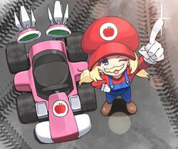  aki_rosenthal blonde_hair blue_eyes cosplay fake_facial_hair fake_mustache female gloves go-kart hand_on_own_hip hat highres hololive long_hair mario mario_(cosplay) mario_(series) mario_kart mario_kart_8 one_eye_closed open_mouth overalls red_hat red_shirt shiny shirt solo standard_kart_(mario) twin_(tt_lsh) twintails virtual_youtuber white_gloves 